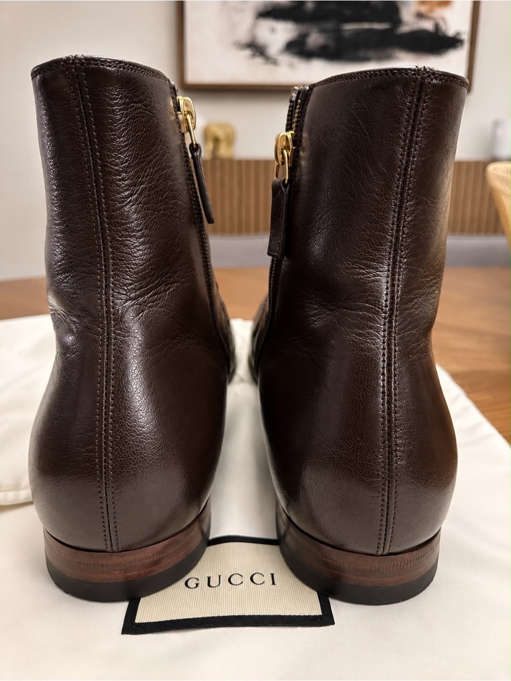 Gucci Brown Leather Men’s Ankle Chukka Boots with Green-Red Web & Gold Double G. - Picture 7 of 9